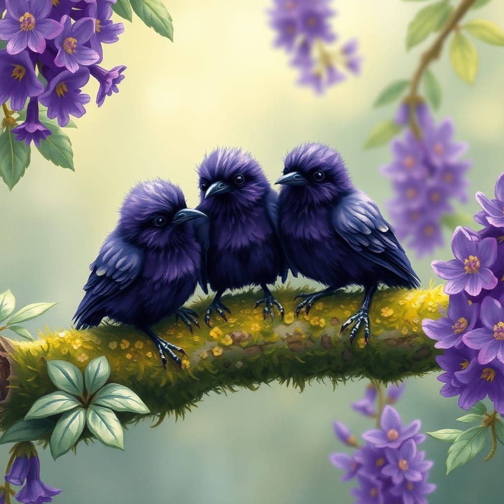 Purple Baby Crows in Children's Book Illustration Style