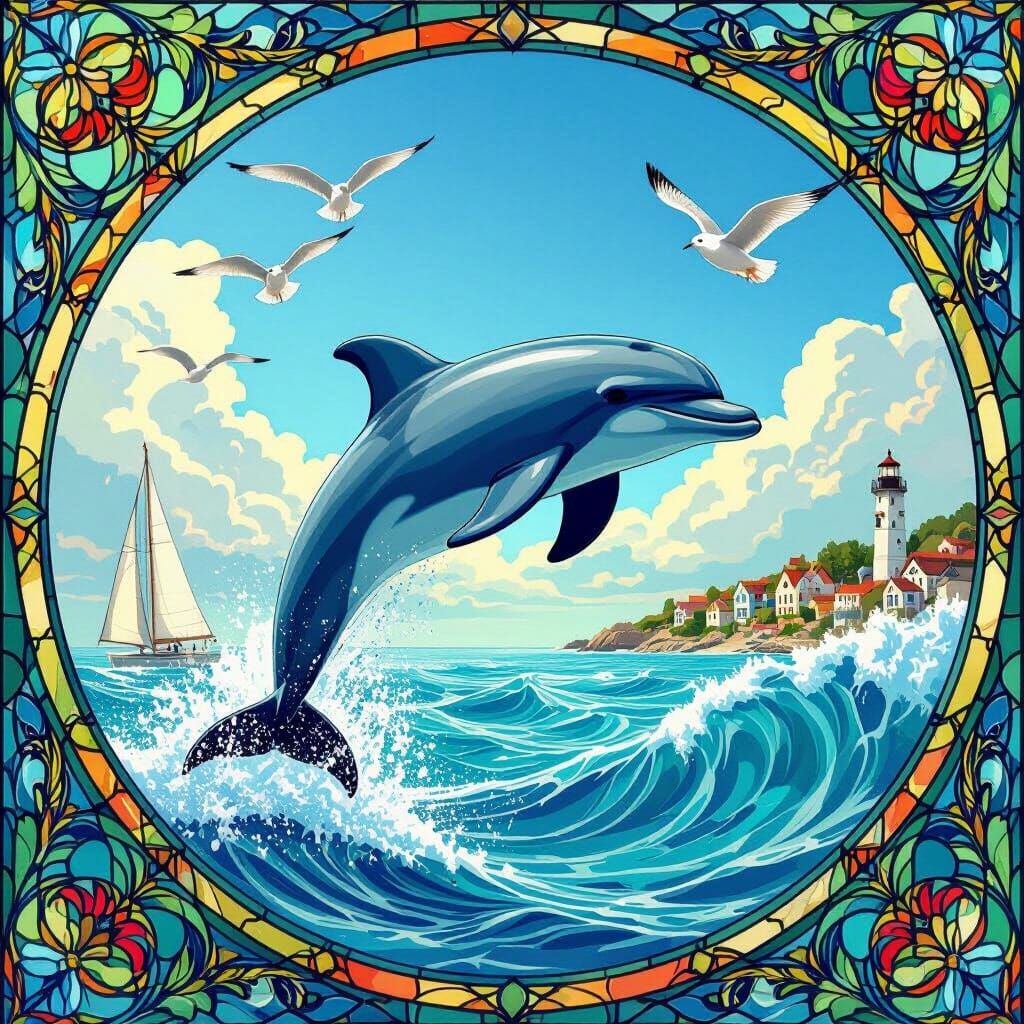 Dolphin Leaping in Stained Glass Art Style