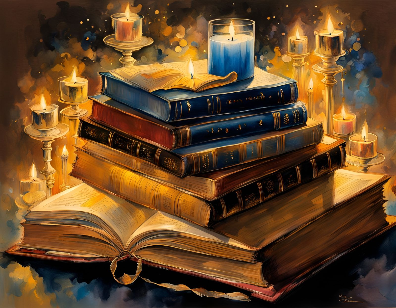 Fantasy Books and Candlelight in Watercolor Style