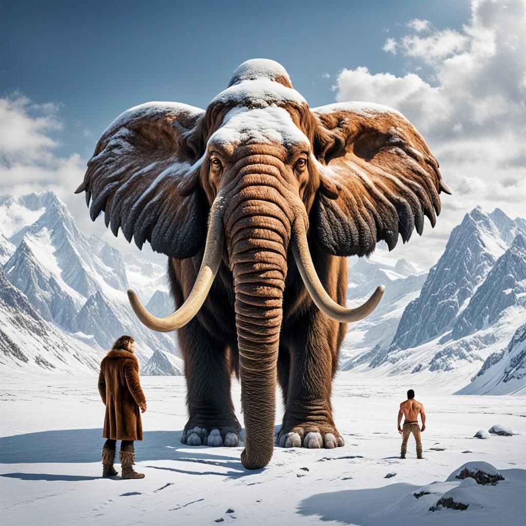 photo of a prehistoric man standing next to an mammoth in the snow