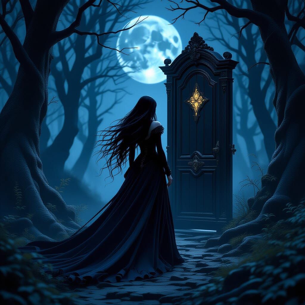 Gothic Sorceress at Ancient Door in Moonlit Forest