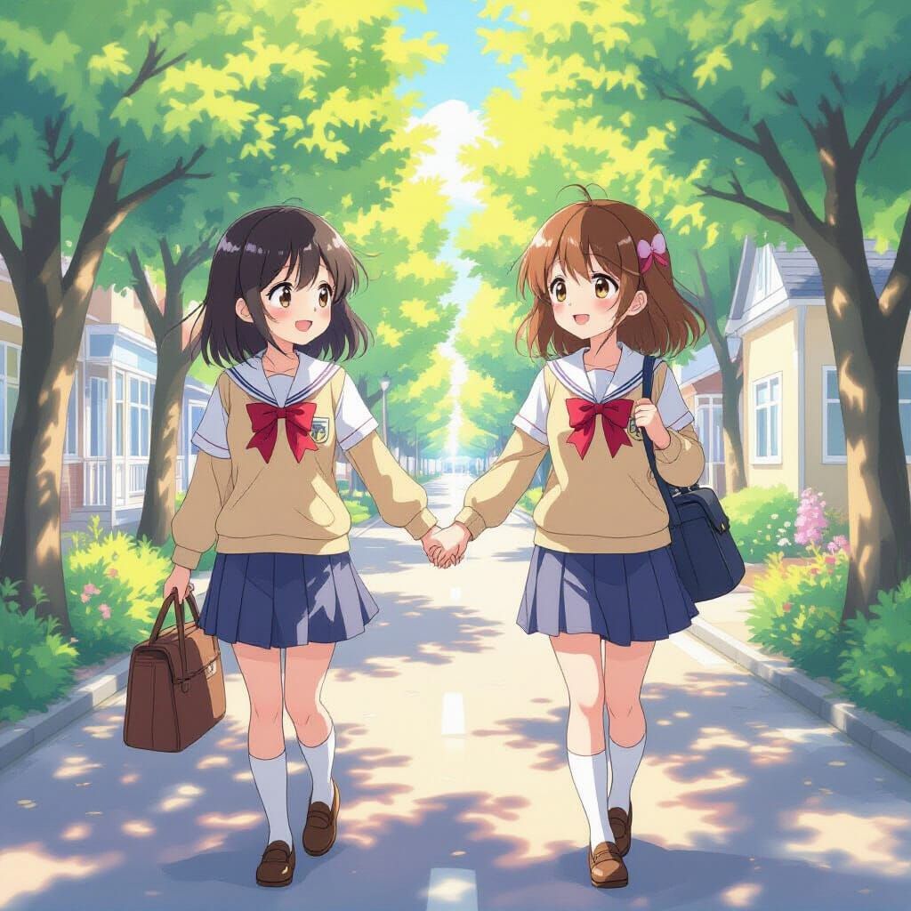 Anime Girls Holding Hands in Pastel Style