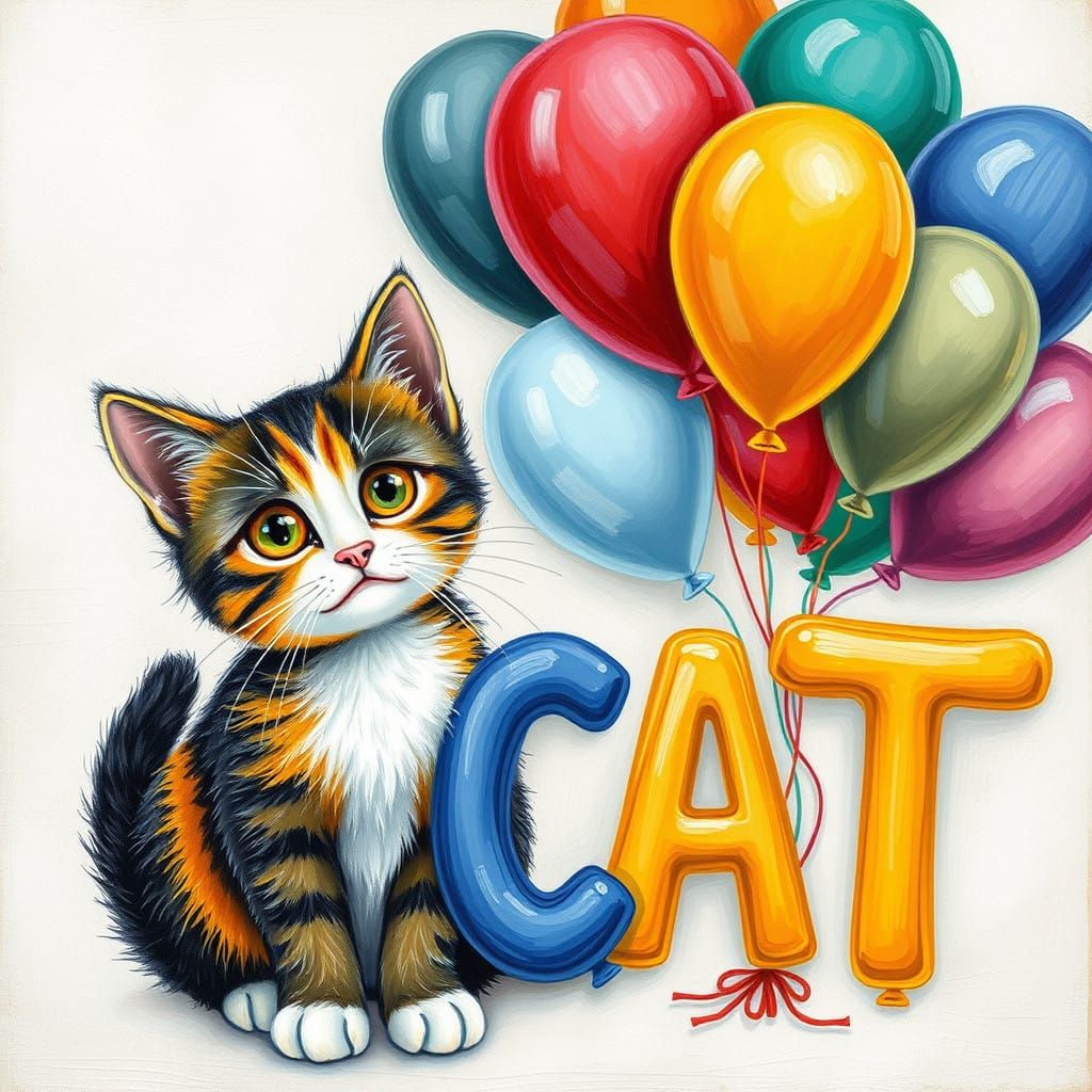 Whimsical Feline amidst Balloon Letters