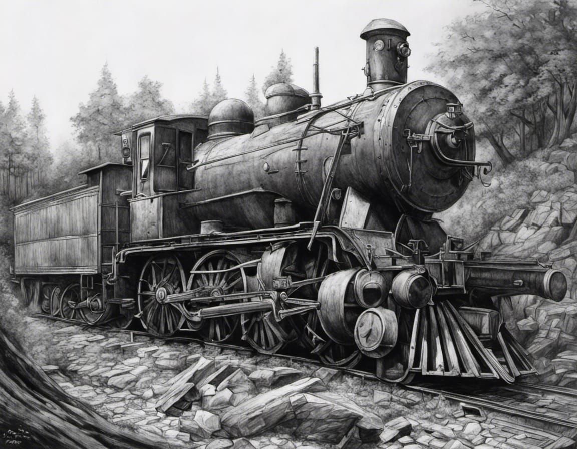 Ruined Train: Detailed Charcoal Illustration