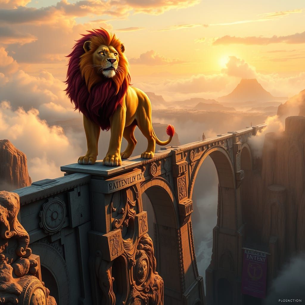 Majestic Lion of Ancient Wisdom Stands atop Grand Stone Brid...