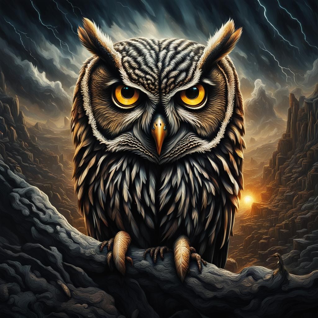 Hyperrealistic Thunder Owls Album Art in HDR