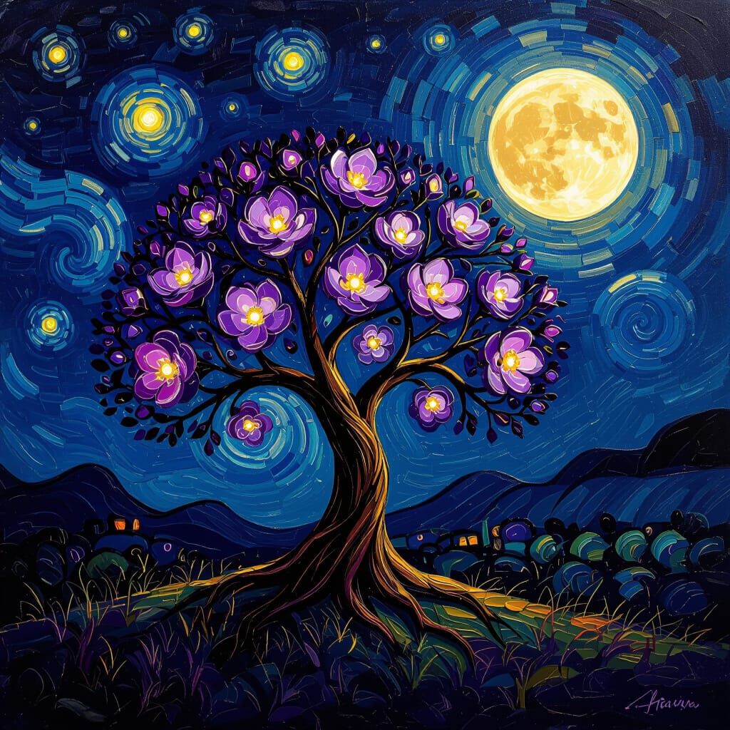 Glowing Tree of Life Under Starry Night Sky