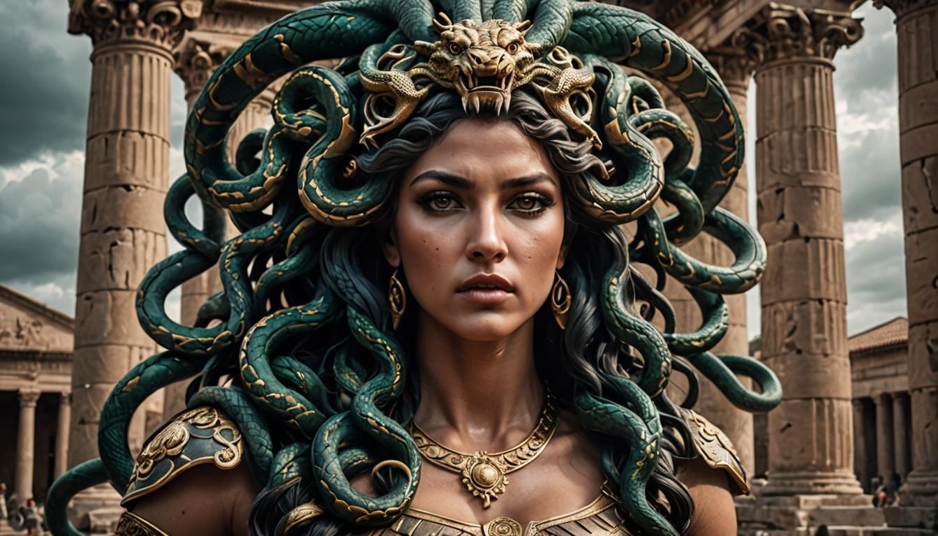 Hyperrealistic Gorgon with Snakes and Roman Columns