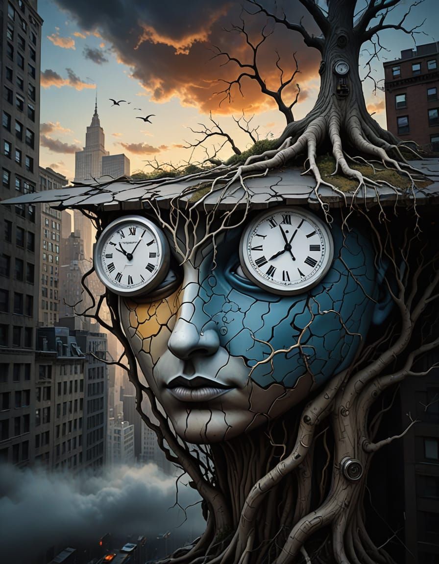 Surreal Cityscape with Upside-Down Tree and Flying Clocks