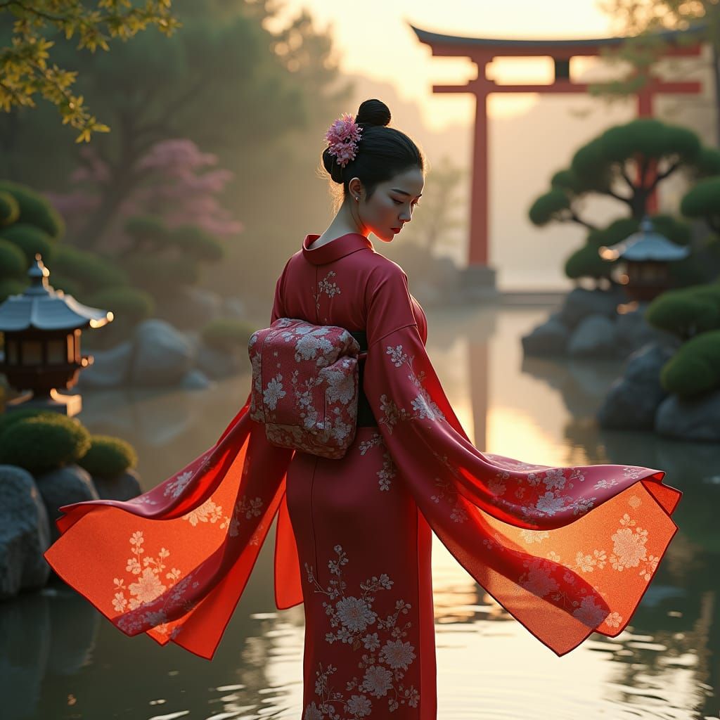 Japanese Garden at Dusk with Woman in Furisode Kimono