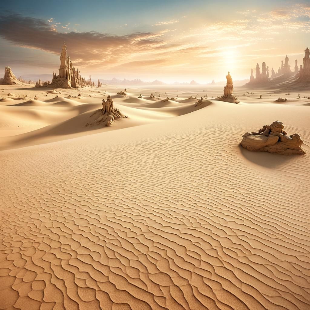 Glass Desert Mirages with Ancient Statues