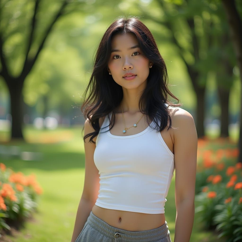 Hyperrealistic Photo of an Asian-American Woman in Park
