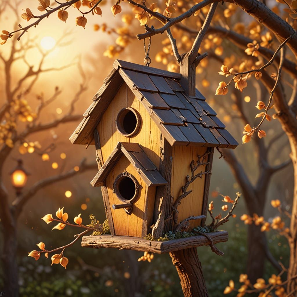 Birdhouse in Golden Light: A Digital Oil Painting