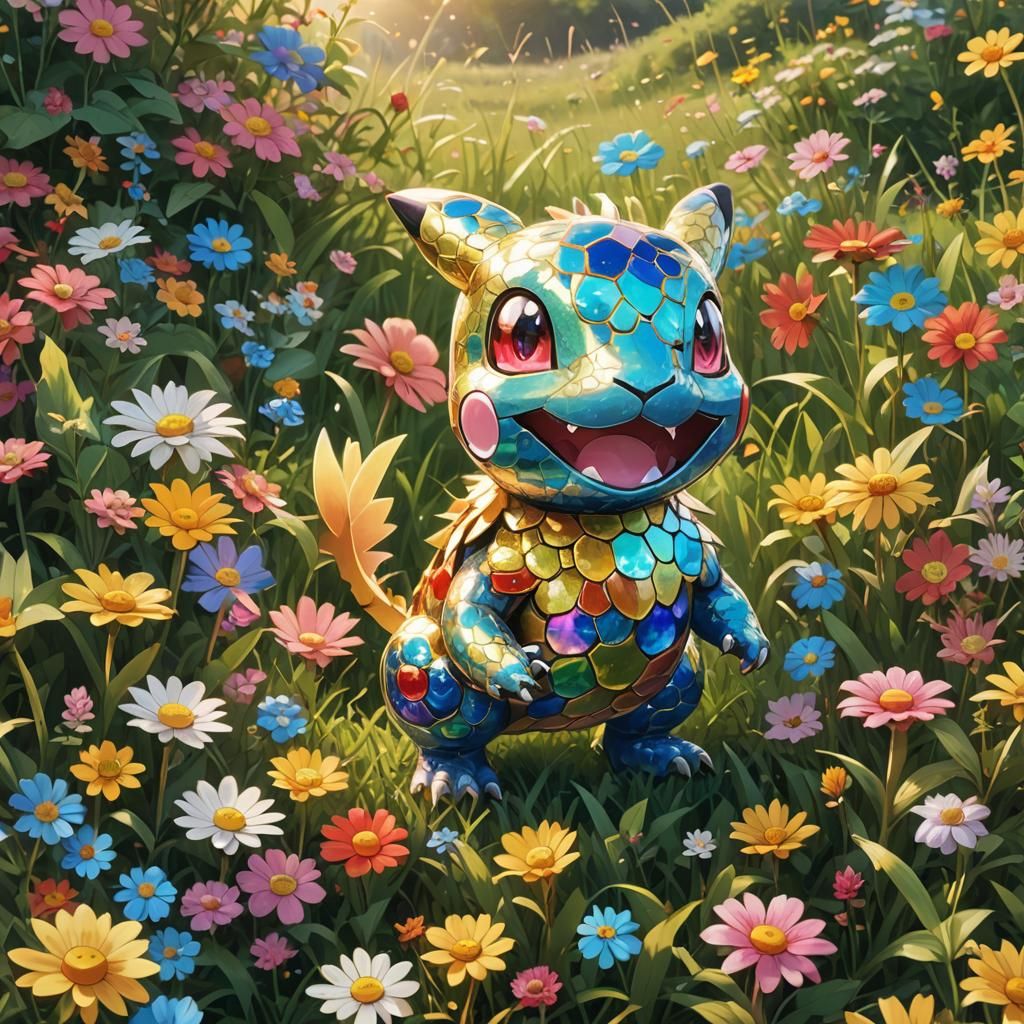 Pokemon 777 in a Murakami-Inspired Meadow