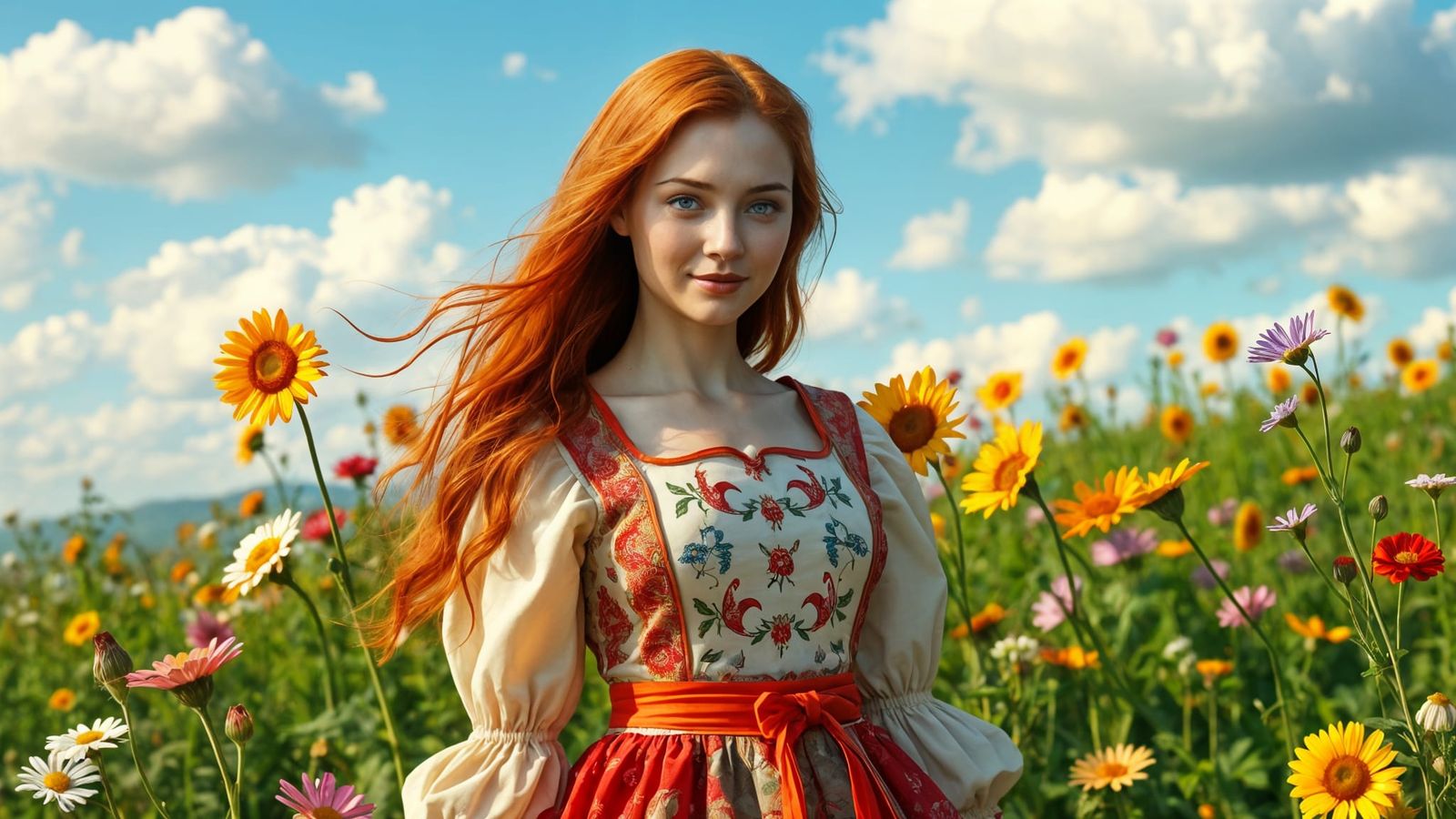Beautiful Celtic Woman in Flower Field