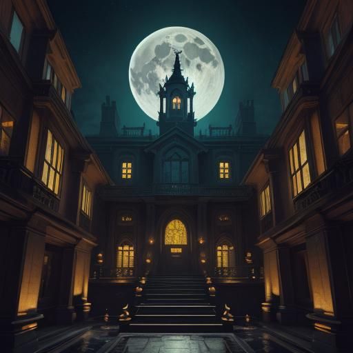 Spooky Mansion Lit by a Fiery Moon