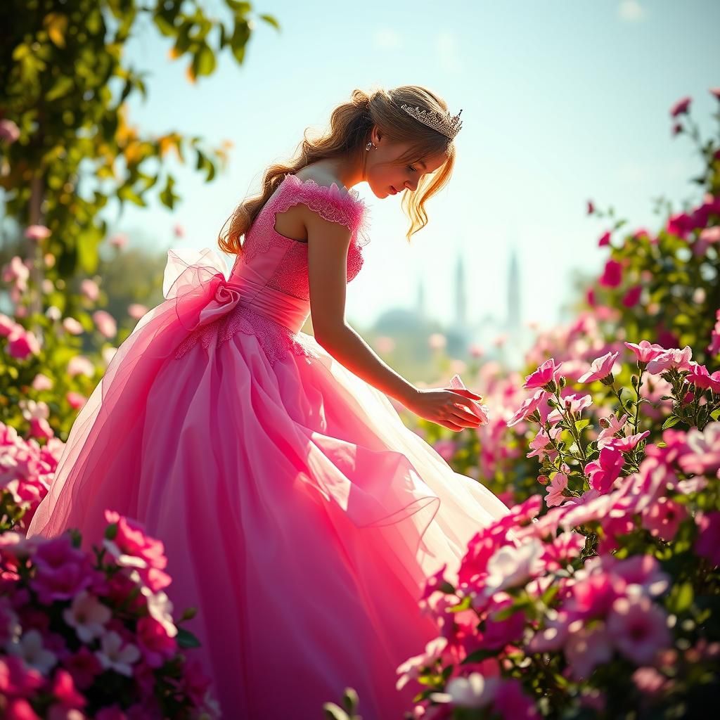 Princess in Garden Picking Petunia in Romantic Style