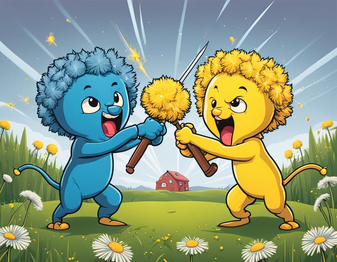 Vibrant Dandelion Brawl in Whimsical Cartoon Style
