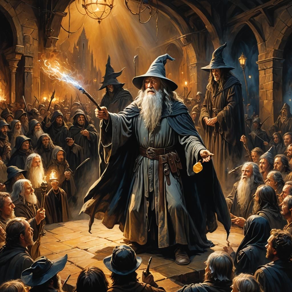 Gandalf and Nazgul: Stand-Up Comedy, Oil Painting