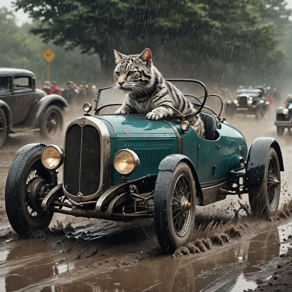Felinoid Racer in 1930s Teal Car