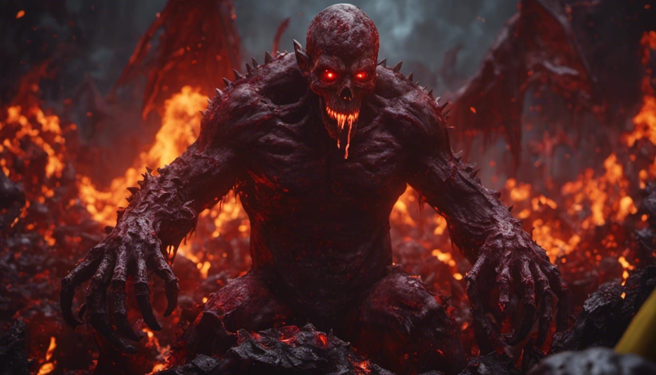 Demon rising from the fire and brimstone
