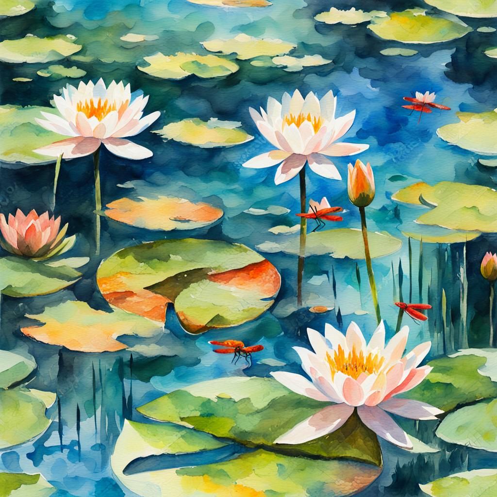 Blooming Water Lilies in Gouache Style