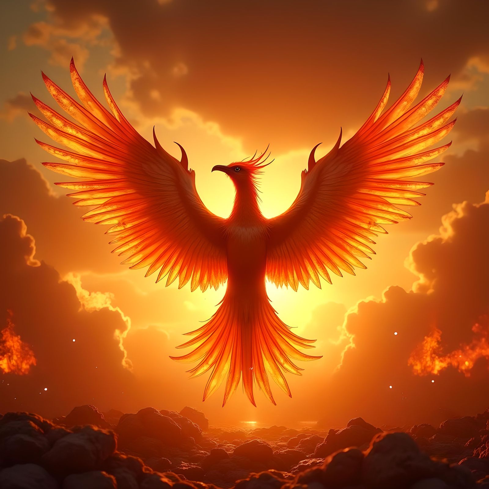 Soaring Phoenix in Burning Red Sky, Realistic 4K