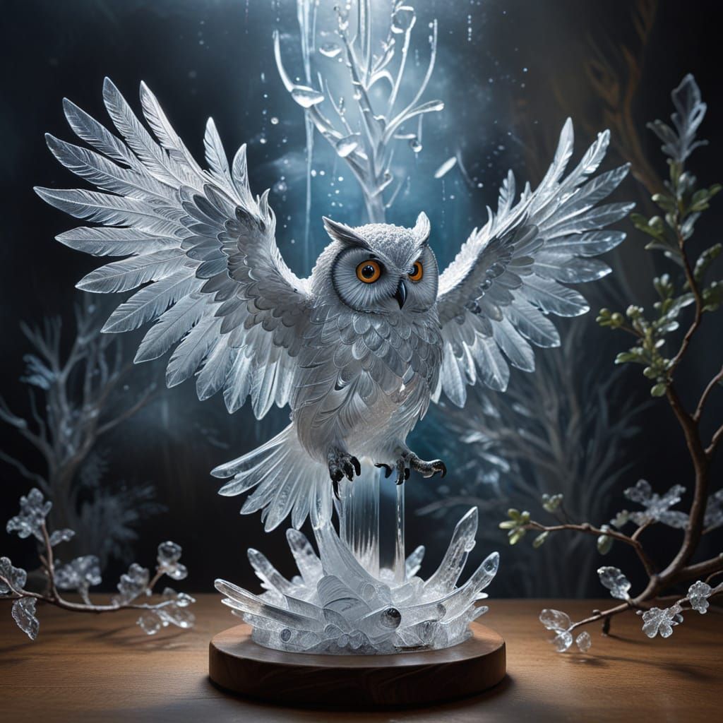 Ethereal Ice Owl Sculpture in Organic Glass Style