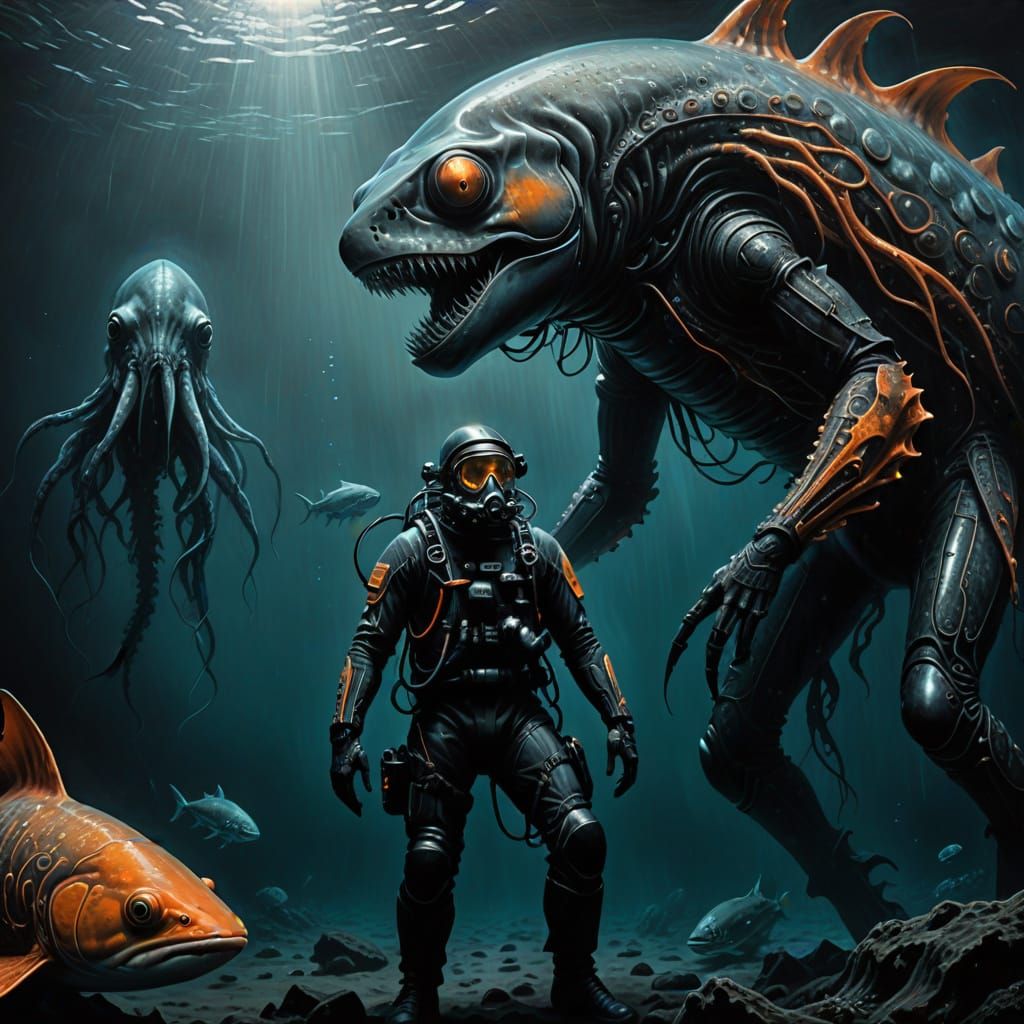 Giant Squid-Shark Hybrid Watches Man in the Dark Ocean Depth...