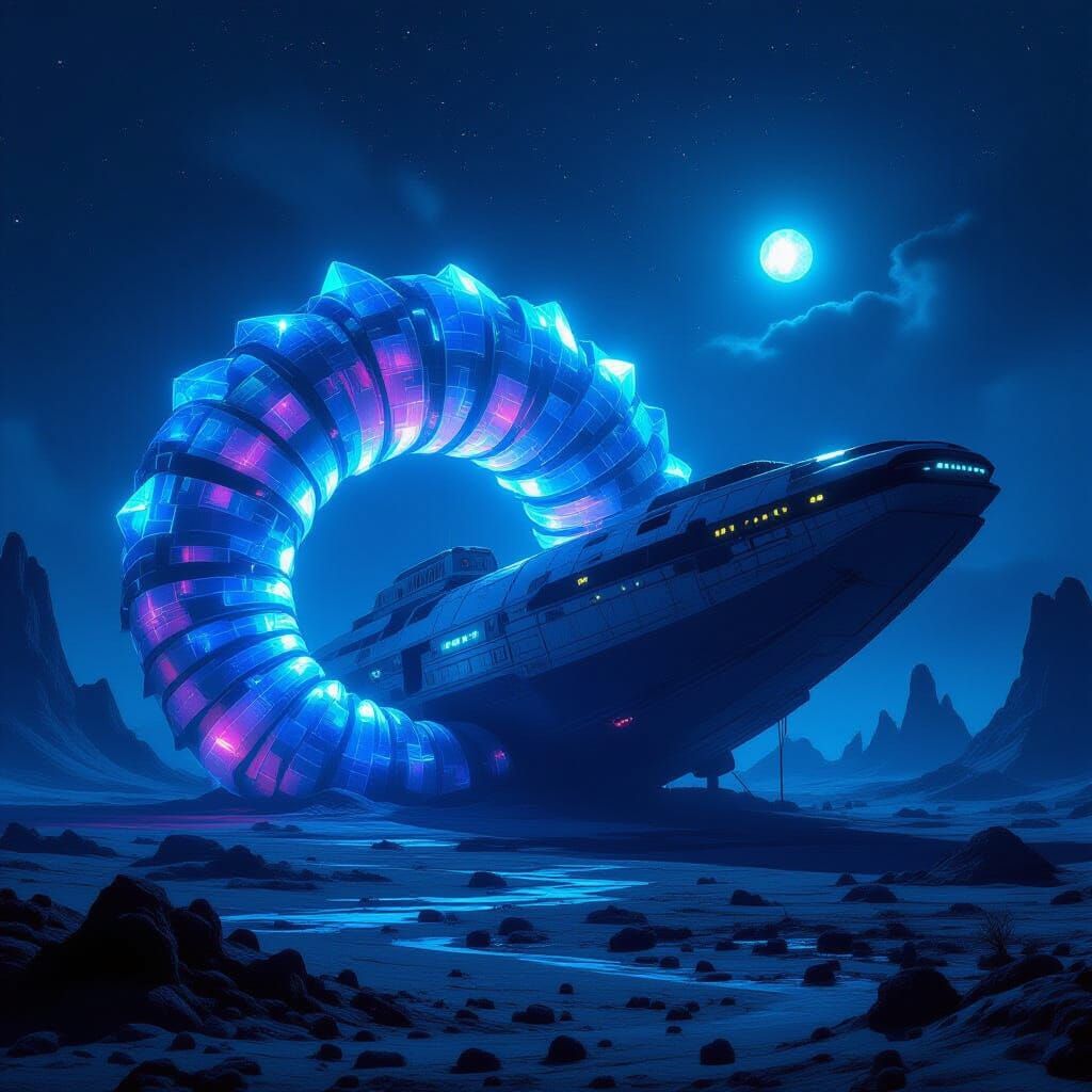 Bioluminescent Worm Coiling Around Spaceship in Surreal Land...