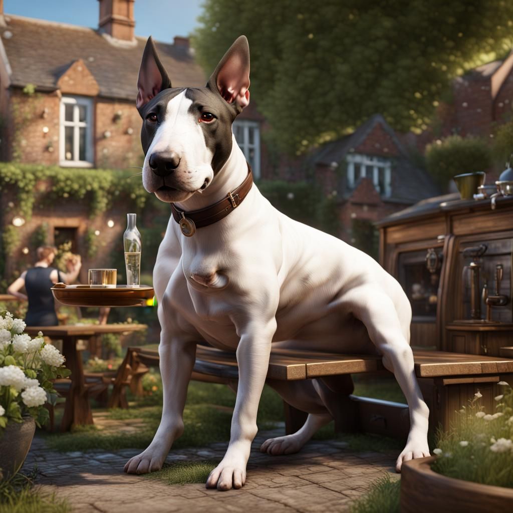 English Bull Terrier in a Sunny Pub Garden