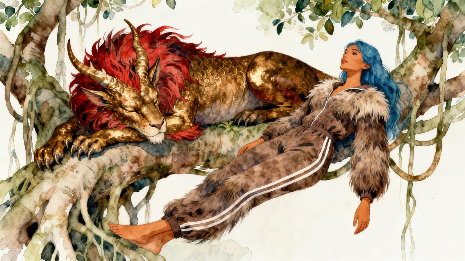 Chimera and Woman Relaxing on Banyan Branch