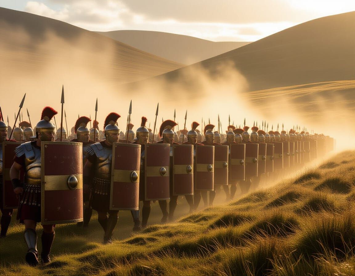 Roman Legionnaires Marching Through Misty Caledonia