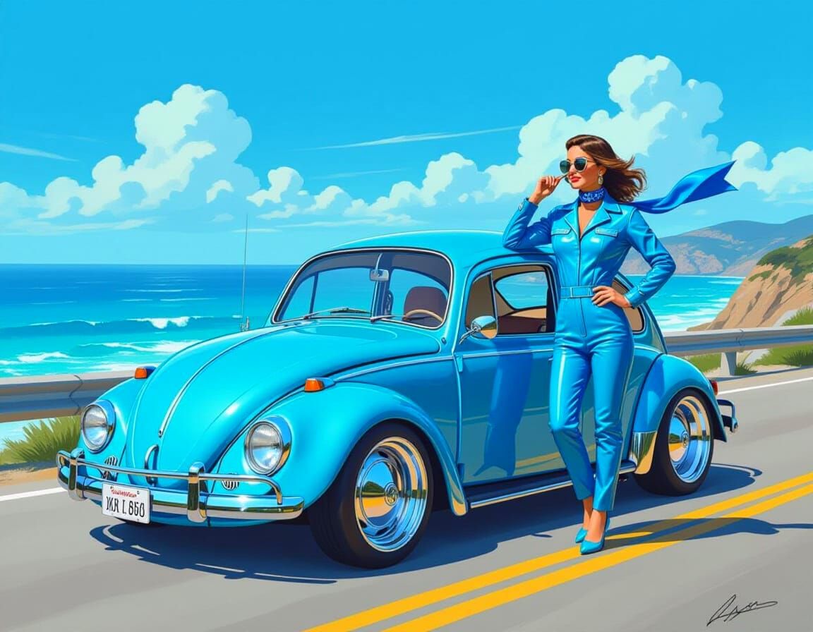 1971 Electric Blue VW Beetle Rallye on Coastal Road