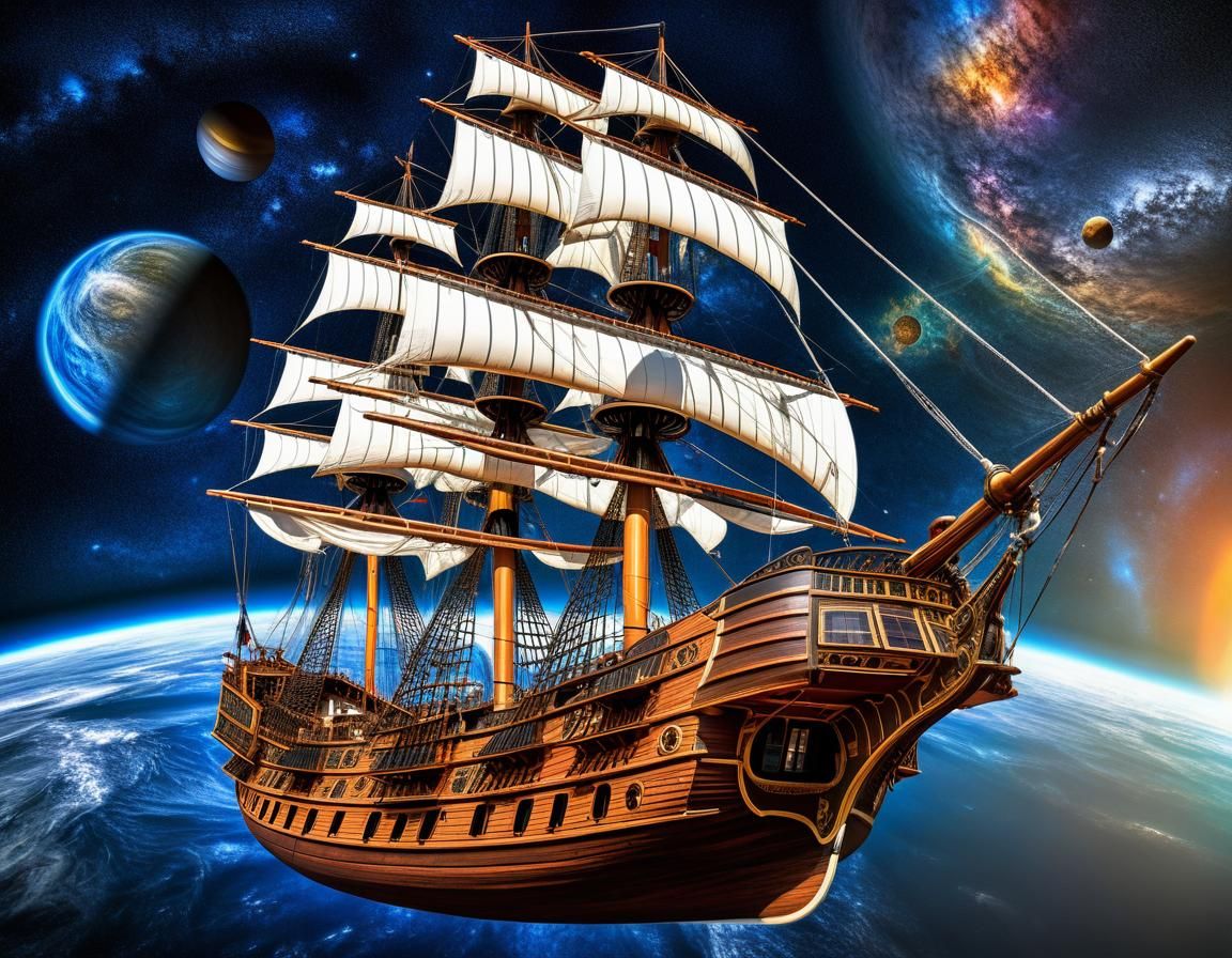 Space Pirate Ship Amidst a Cosmic Solar System