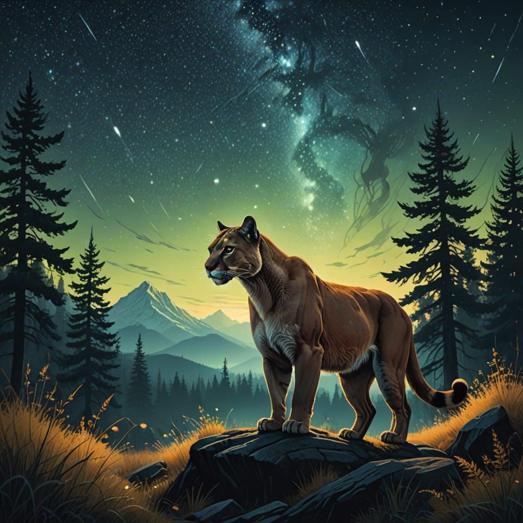 Surreal Mountain Lion Entwines with Enchanted Forest Under S...