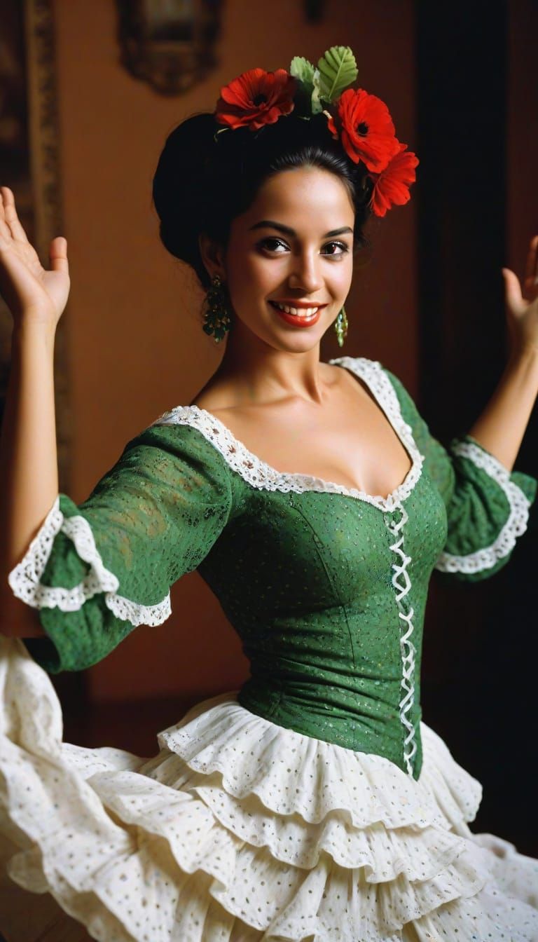 Flamenco Dancer in Green Polka Dots, Vintage Style