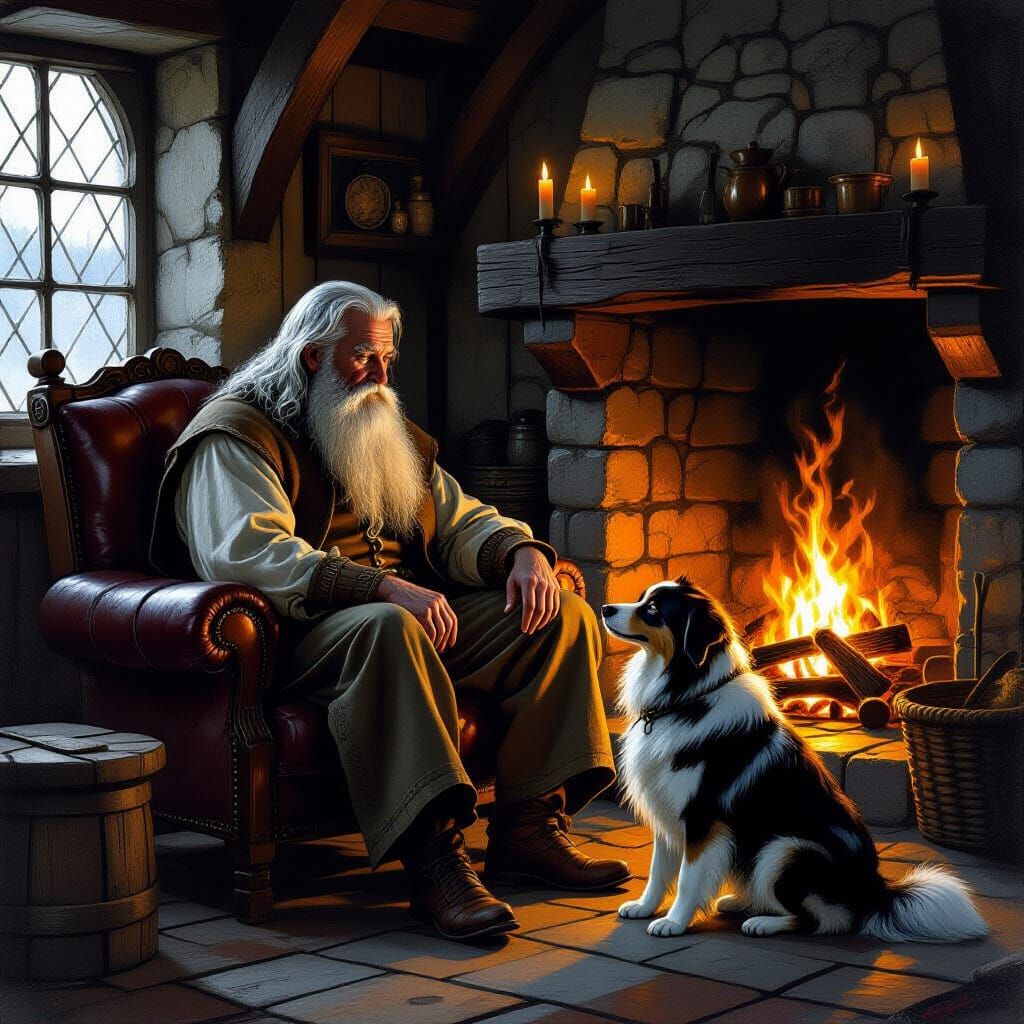 Cozy Medieval Tavern Interior with Old Man and Dog