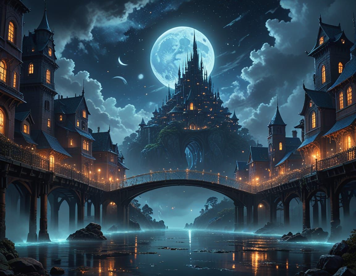 Magical Floating City at Night with Glowing Bridges