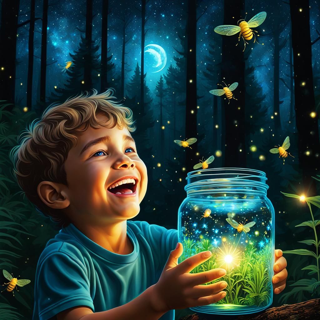 Child Chasing Fireflies in Moonlit Forest