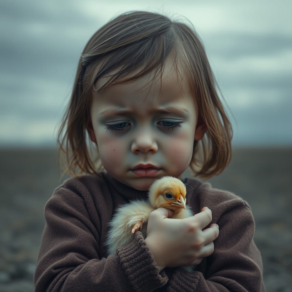Child Comforts Sad Chick in Desolate Landscape