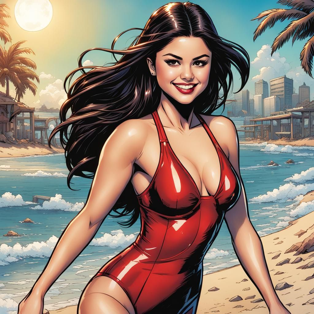 Smiling Woman in Red Swimsuit: Comic Book Art