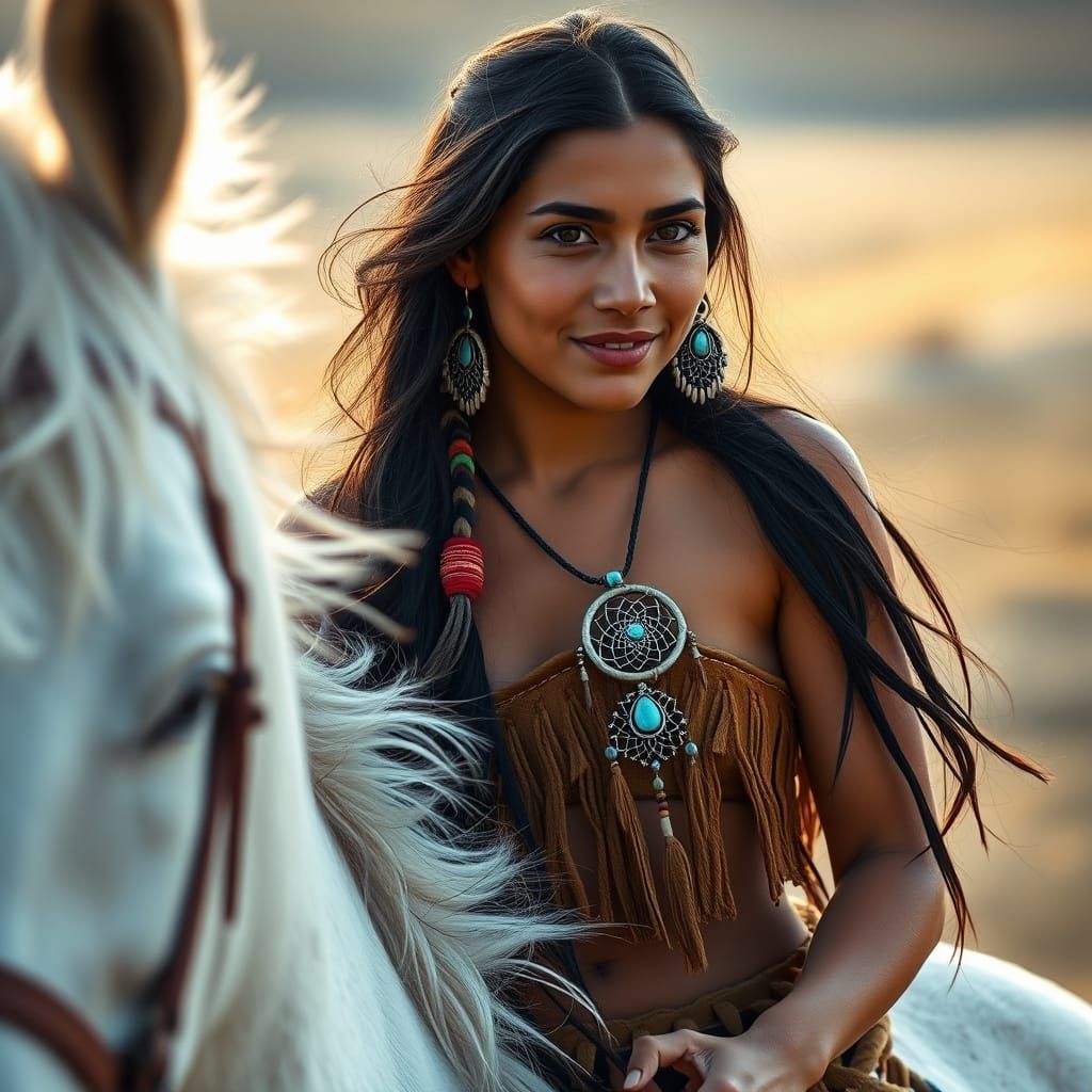Native American Goddess on Horseback in Earthy Tones