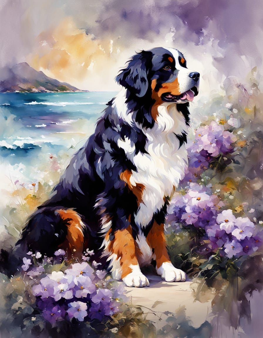 Bernese Mountain Dog with Beach View