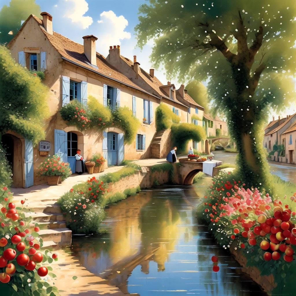 Picturesque Village Scene with Woman and Child