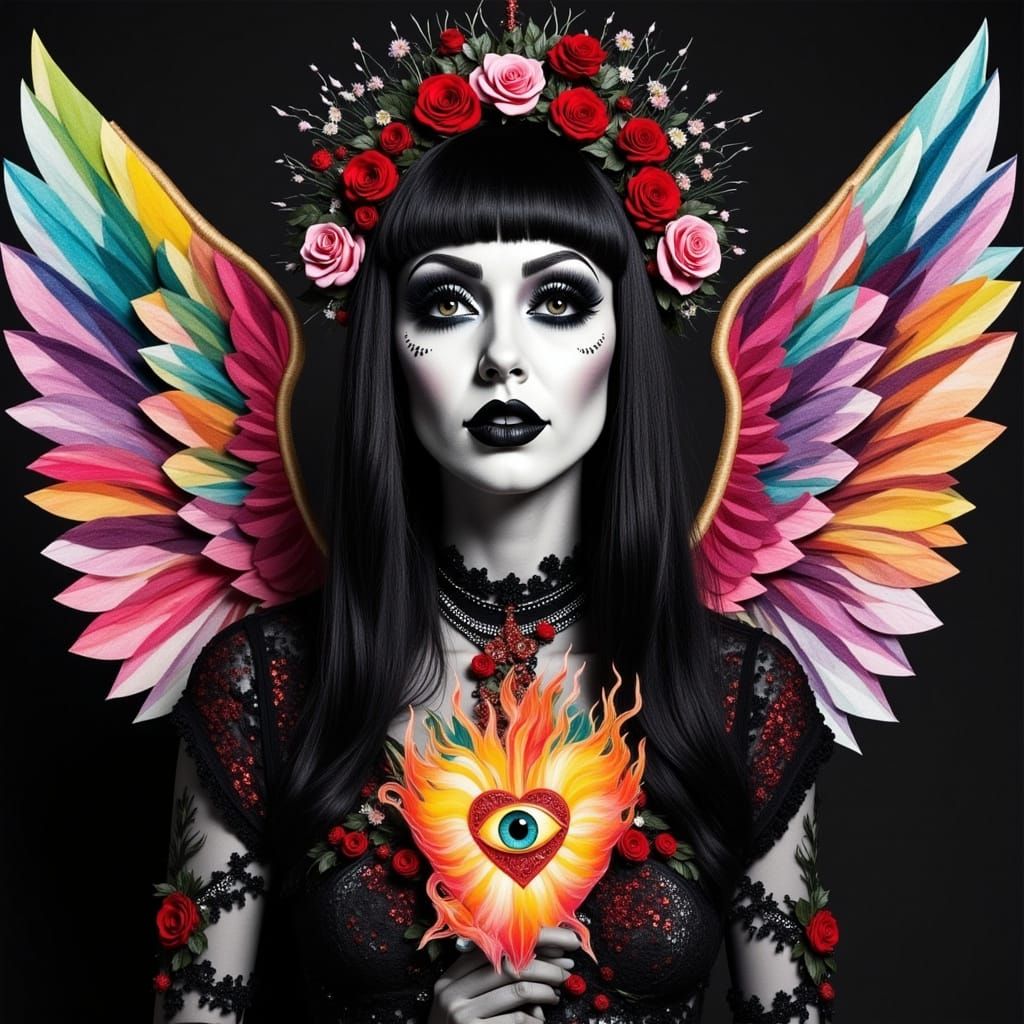 <lora:Whimsical 2:1.0>  Punk Faith, Our Lady Of Social Awareness , wearing goth clothing,  a black and white photogram-s...