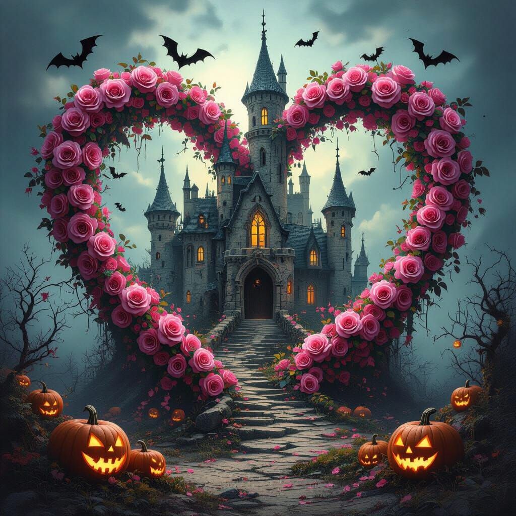 Haunted Castle in Rose Heart with Eerie Pumpkins