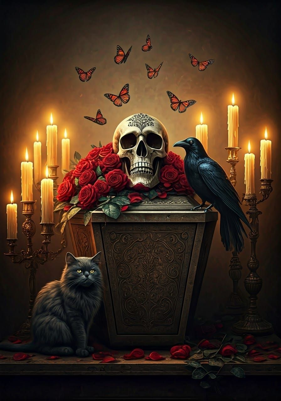 A worn, ornate coffin, its surface cracked and weathered, sits shrouded in a tangle of wilting, dark red roses, their pe...
