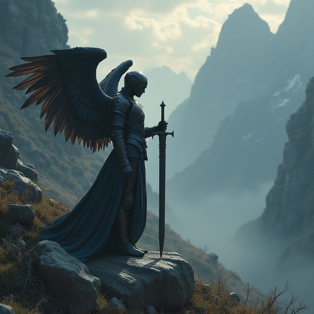 Dark Angel with Sword in Stone, Mystical Mountain