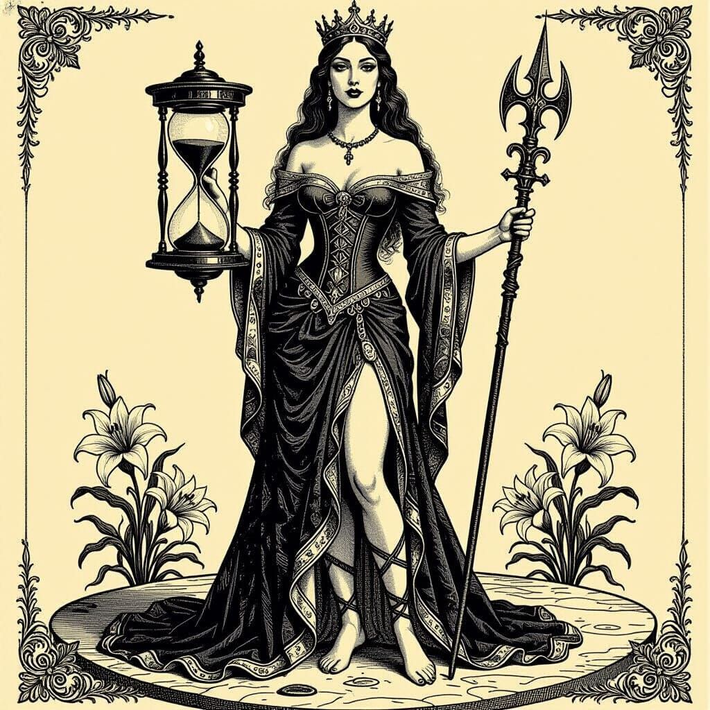 Medieval Queen with Dagger and Pike in Gravure Style